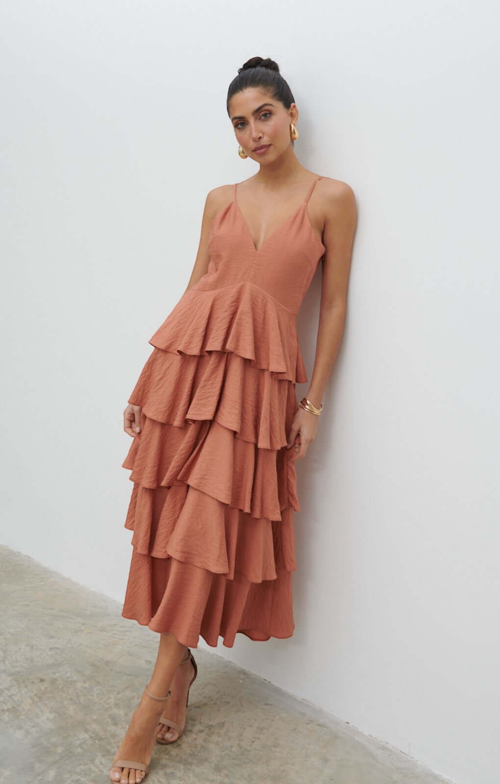 Pretty Lavish Lissy V Neck Tan Blush Textured Midaxi Dress