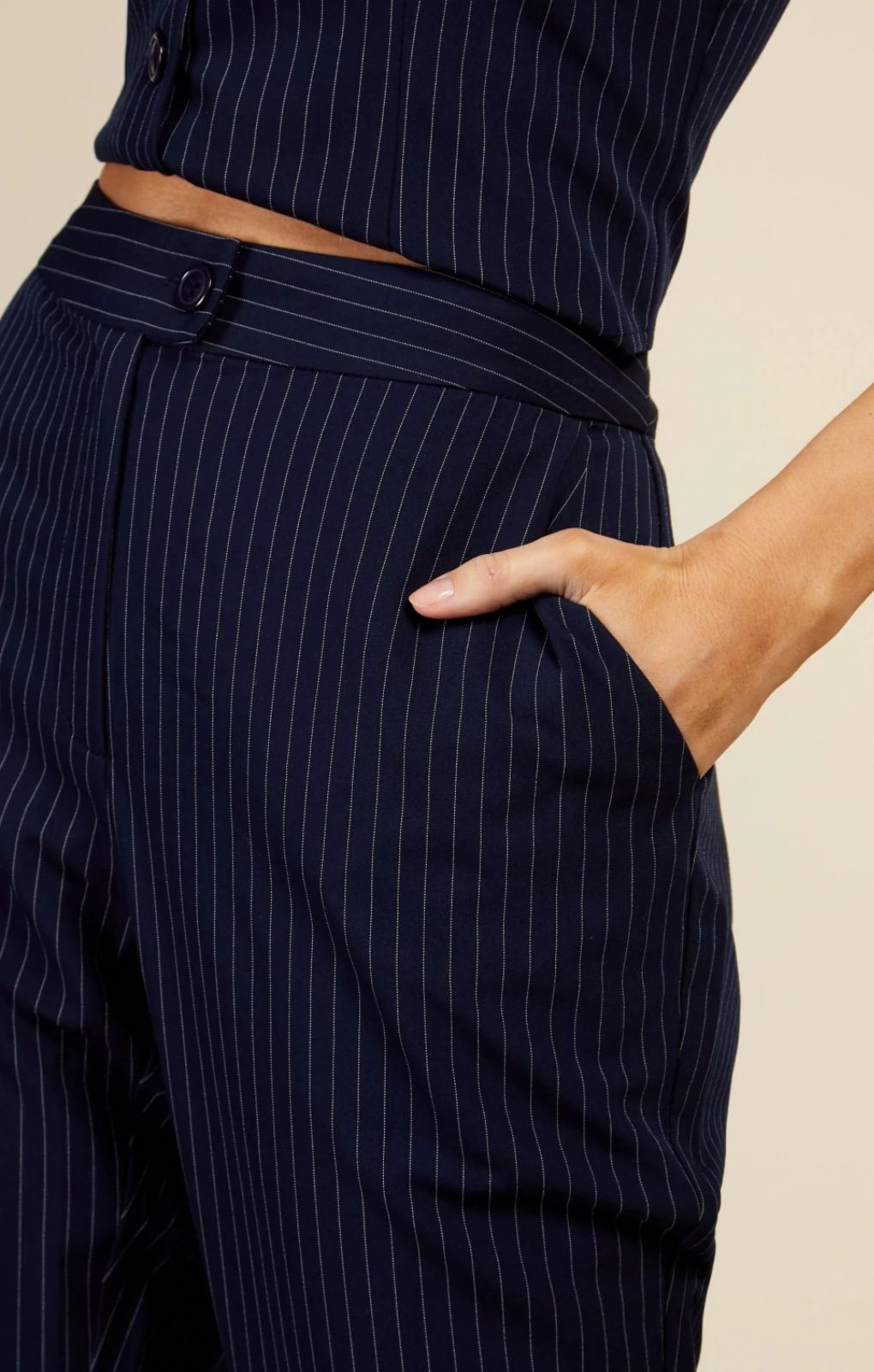 Little Mistress Navy Pinstripe Trousers By Vogue Williams