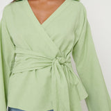 Pretty Lavish Louis Linen Green Wrap Blouse