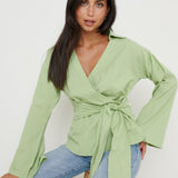 Pretty Lavish Louis Linen Green Wrap Blouse