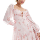Love Triangle Milkmaid Mini Dress with Tie Detail in Pale Pink Floral