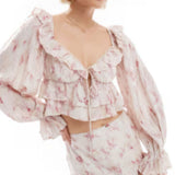 Love Triangle Crinkle Frill Crop Top in Blur Print