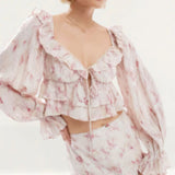 Love Triangle Crinkle Frill Crop Top in Blur Print