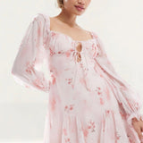 Love Triangle Milkmaid Mini Dress with Tie Detail in Pale Pink Floral
