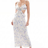 Love Triangle Cut-Out Frill Maxi Dress in Blue Floral