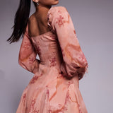 Love Triangle Milkmaid Mini Dress with Tie Detail in Apricot Floral