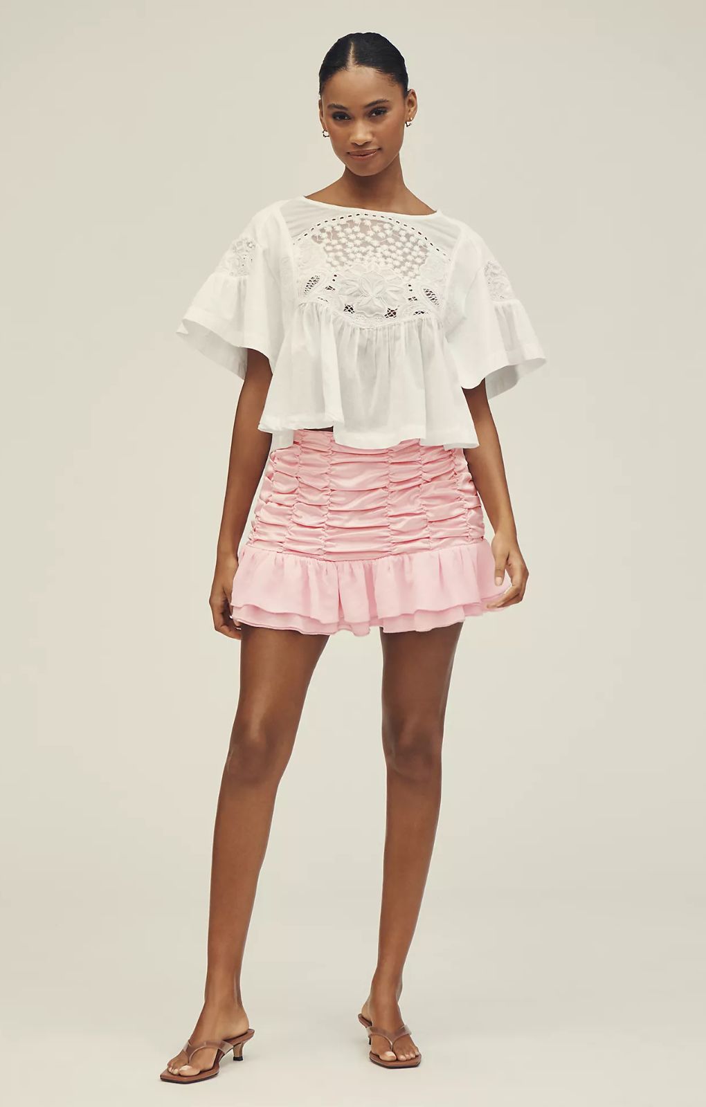 Maeve Satin Chiffon Ruched Mini Skirt – skirts by Maeve, available to rent from Hirestreet