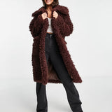 Miss Selfridge Fluffy Borg Coat In Chocolate