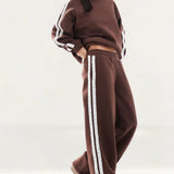 Miss Selfridge Premium Lace Stripe Sweatshirt in Chocolate