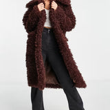 Miss Selfridge Fluffy Borg Coat In Chocolate
