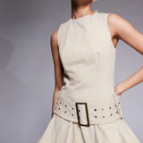 Murci Structured Sleeveless Lace Up Back Belted Hem Mini Dress in Sand