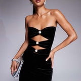 Murci Bandeau Velvet Cut Out Pearl Detail Maxi Dress in Black