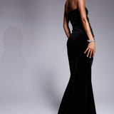 Murci Bandeau Velvet Cut Out Pearl Detail Maxi Dress in Black