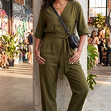 Nobody's Child Khaki Green Linen-blend Tie Waist Jumpsuit