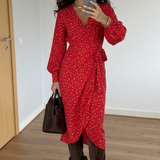 Glamorous Long Sleeve Fitted Wrap Dress In Multi Red Ditsy Floral