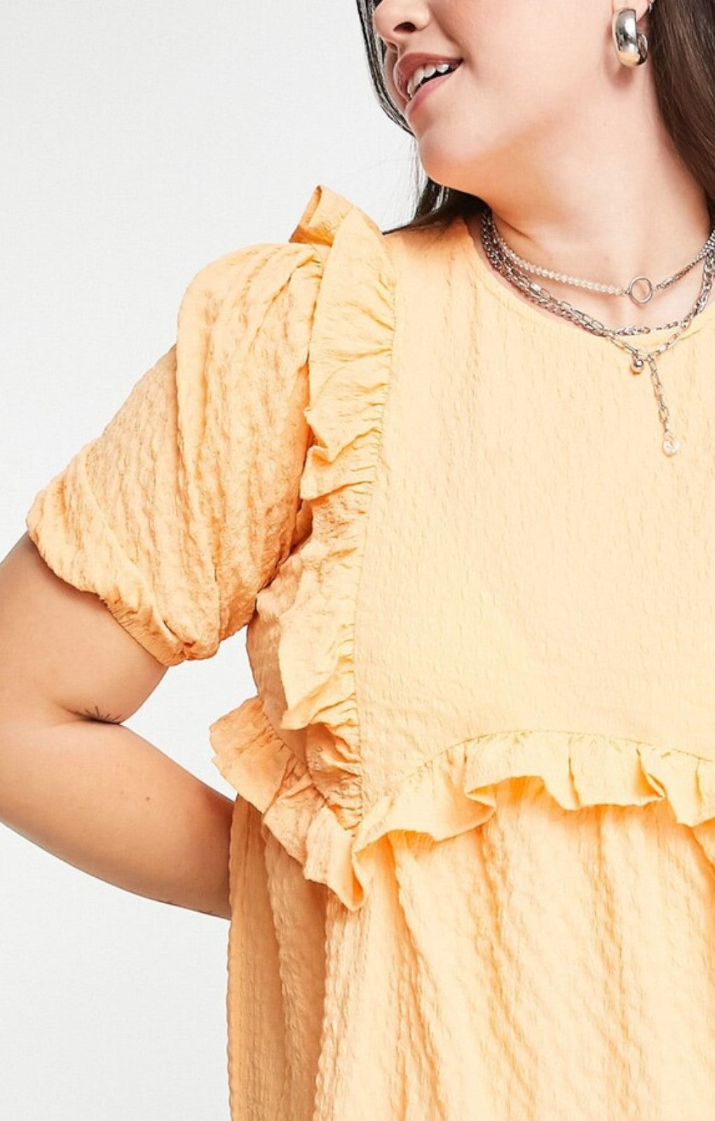 Neon Rose Ruffle Front Smock Dress In Textured Apricot – dresses by Neon Rose, available to rent from Hirestreet