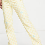 Neon & Nylon High Waisted Flared Jeans In Yellow Checkerboard