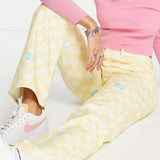 Neon & Nylon High Waisted Flared Jeans In Yellow Checkerboard