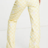 Neon & Nylon High Waisted Flared Jeans In Yellow Checkerboard