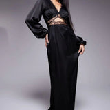 Never Fully Dressed Mimi Long Sleeve Lace Cut-Out Slip Maxi Dress in Black