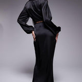 Never Fully Dressed Mimi Long Sleeve Lace Cut-Out Slip Maxi Dress in Black