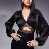 Never Fully Dressed Mimi Long Sleeve Lace Cut-Out Slip Maxi Dress in Black