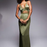Never Fully Dressed Mimi Lace Cut-Out Slip Maxi Dress in Olive