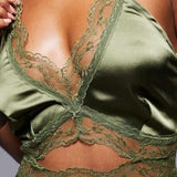 Never Fully Dressed Mimi Lace Cut-Out Slip Maxi Dress in Olive