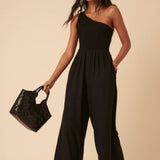 Nobody's Child Black Linen-blend One Shoulder Ruched Jumpsuit