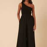 Nobody's Child Black Linen-blend One Shoulder Ruched Jumpsuit