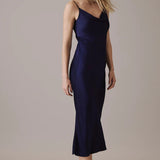 Nobody's Child Navy Satin Cowl Neck Trixie Midi Dress