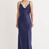 Nobody's Child Navy Satin Cowl Neck Trixie Midi Dress