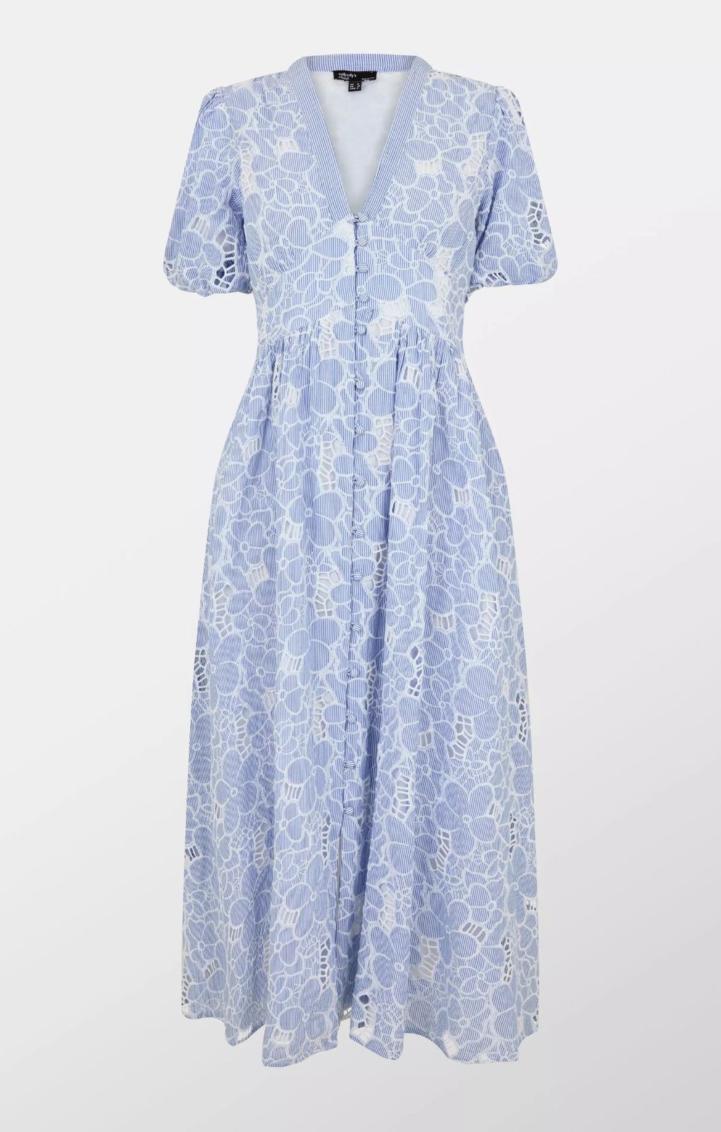 blue stripe floral embroidered starlight midi dress Blue and Ivory Print Midi Summer Dress with Buttons Ivory Blue Stripe Floral / Small