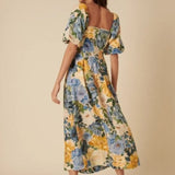 Nobody's Child Blue and Yellow Linen Floral Demi Midi Dress