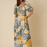 Nobody's Child Blue and Yellow Linen Floral Demi Midi Dress