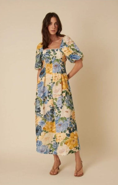 knee length dresses for ladies Montebello Puff Sleeve Maxi Dress Floral Blue/Yellow– Selfie Leslie