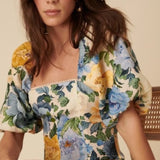 Nobody's Child Blue and Yellow Linen Floral Demi Midi Dress