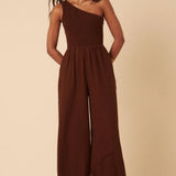 Nobody's Child Brown Linen-blend One Shoulder Ruched Jumpsuit