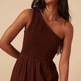 Nobody's Child Brown Linen-blend One Shoulder Ruched Jumpsuit