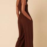 Nobody's Child Brown Linen-blend One Shoulder Ruched Jumpsuit