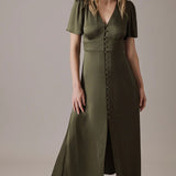 Nobody's Child Deep Olive V Neck Midi Erin Dress