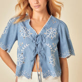 Nobody's Child Denim Embroidered Tie Blouse