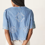 Nobody's Child Denim Embroidered Tie Blouse