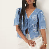 Nobody's Child Denim Embroidered Tie Blouse