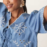 Nobody's Child Denim Embroidered Tie Blouse