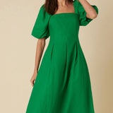 Nobody's Child Green Puff Sleeve Linen Demi Midi Dress