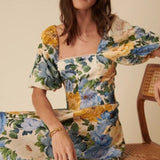 Nobody's Child Blue and Yellow Linen Floral Demi Midi Dress