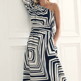 Nobody's Child Saffy One Shoulder Midi Dress Edie Abstract Black