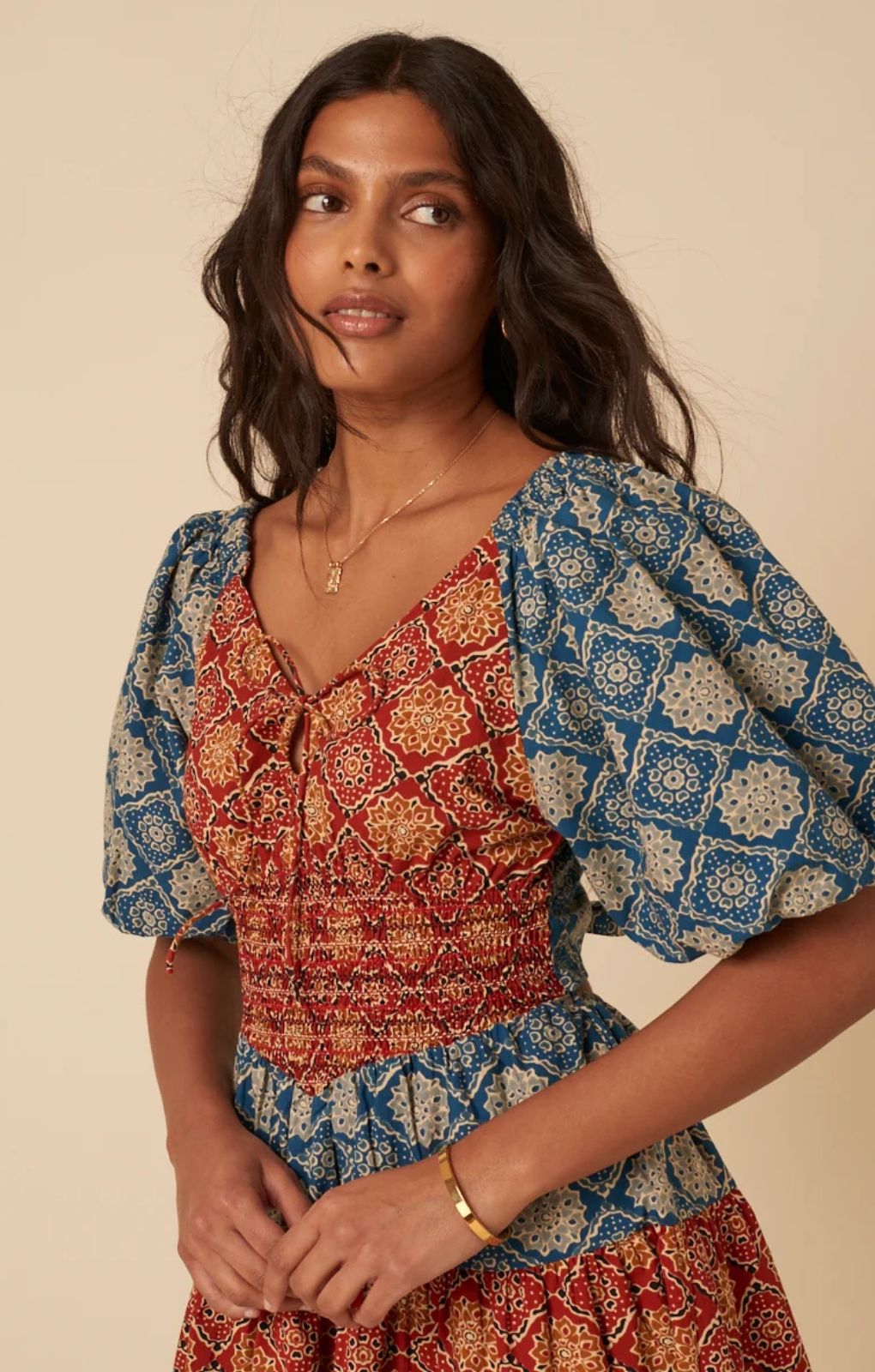 Rent Nobody's Child Tile Printed Puff Sleeve Aria Mini Dress