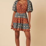 Nobody's Child Tile Printed Puff Sleeve Aria Mini Dress